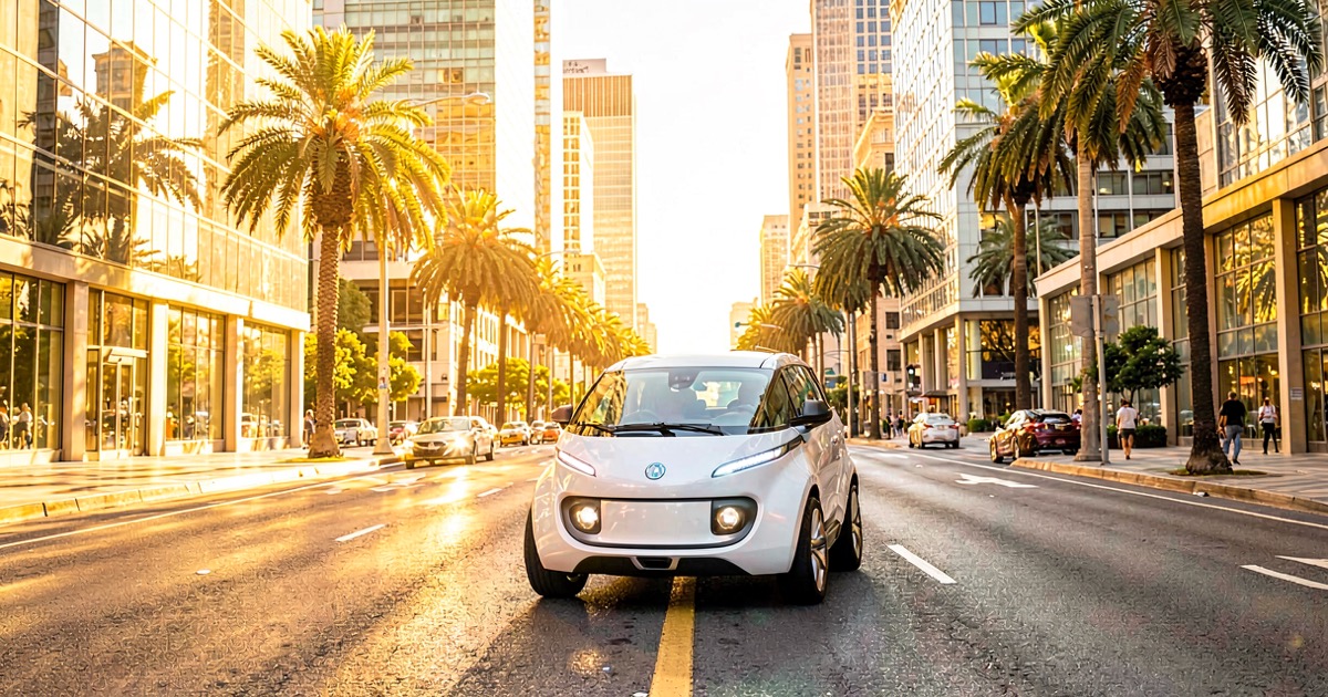 A bright vibrant sunlit city street scene with a sleek white autonomous robotaxi vehicle driving down a wide urban avenue in golden hour light