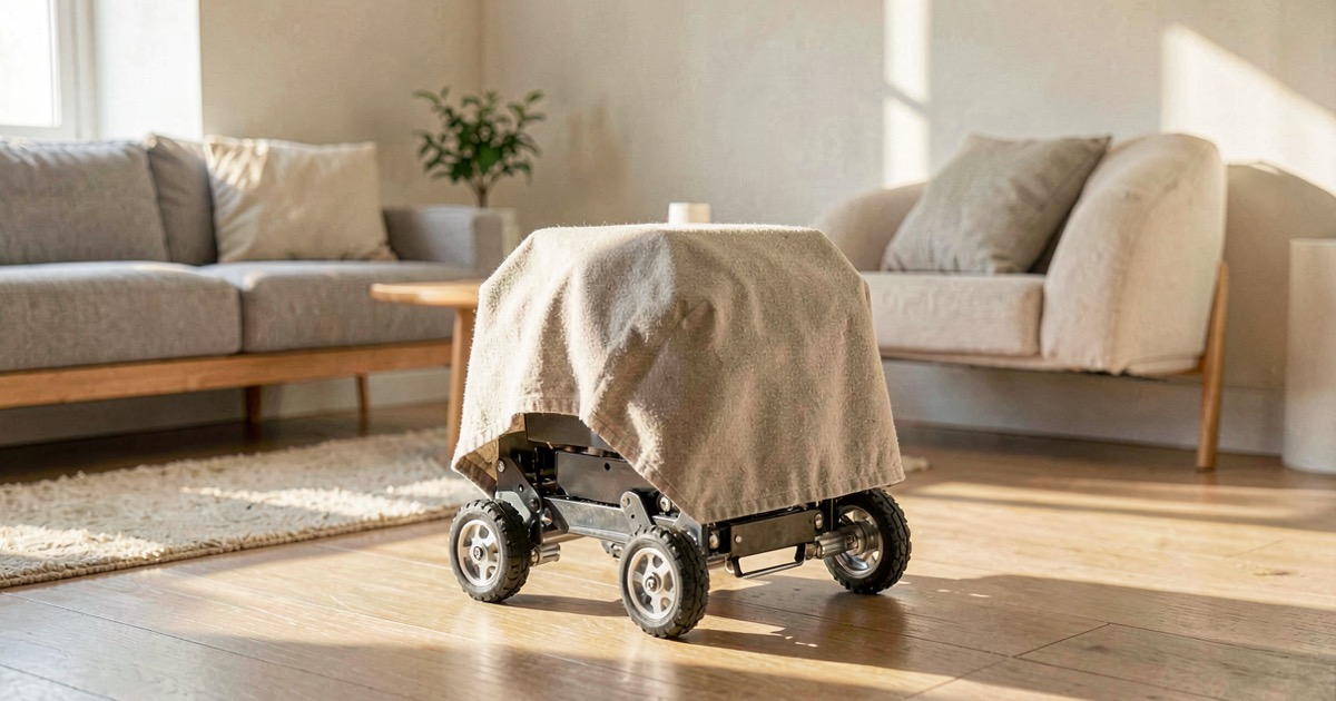 A fabric-shelled wheeled robot standing in a sunlit living room, soft textile cover over mechanical frame, minimalist domestic setting