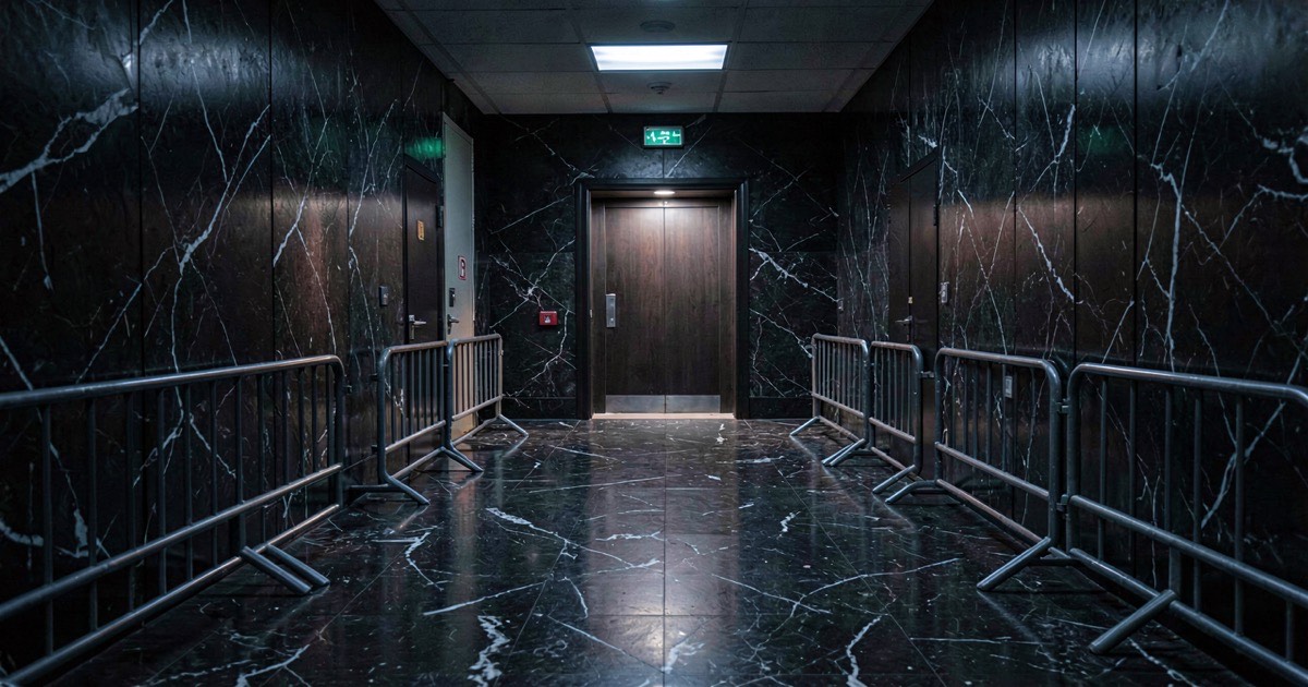 A dark marble corridor with a single illuminated door at the end, security barriers on either side