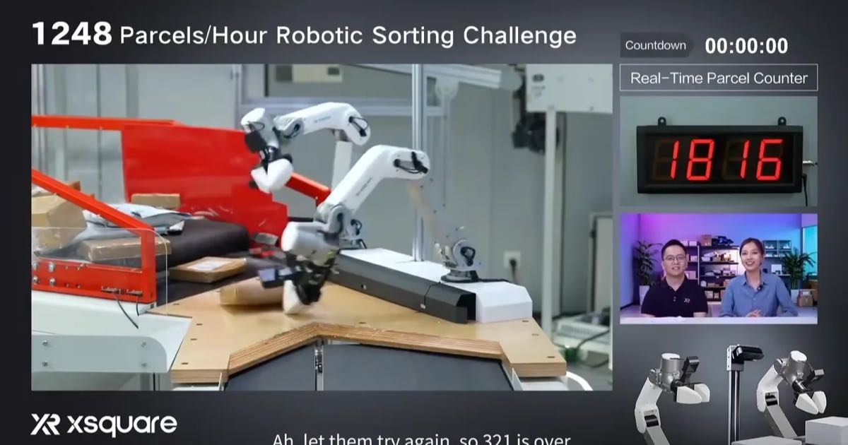 X Square Robot's dual-arm system sorting parcels on a conveyor belt during a livestreamed one-hour logistics challenge