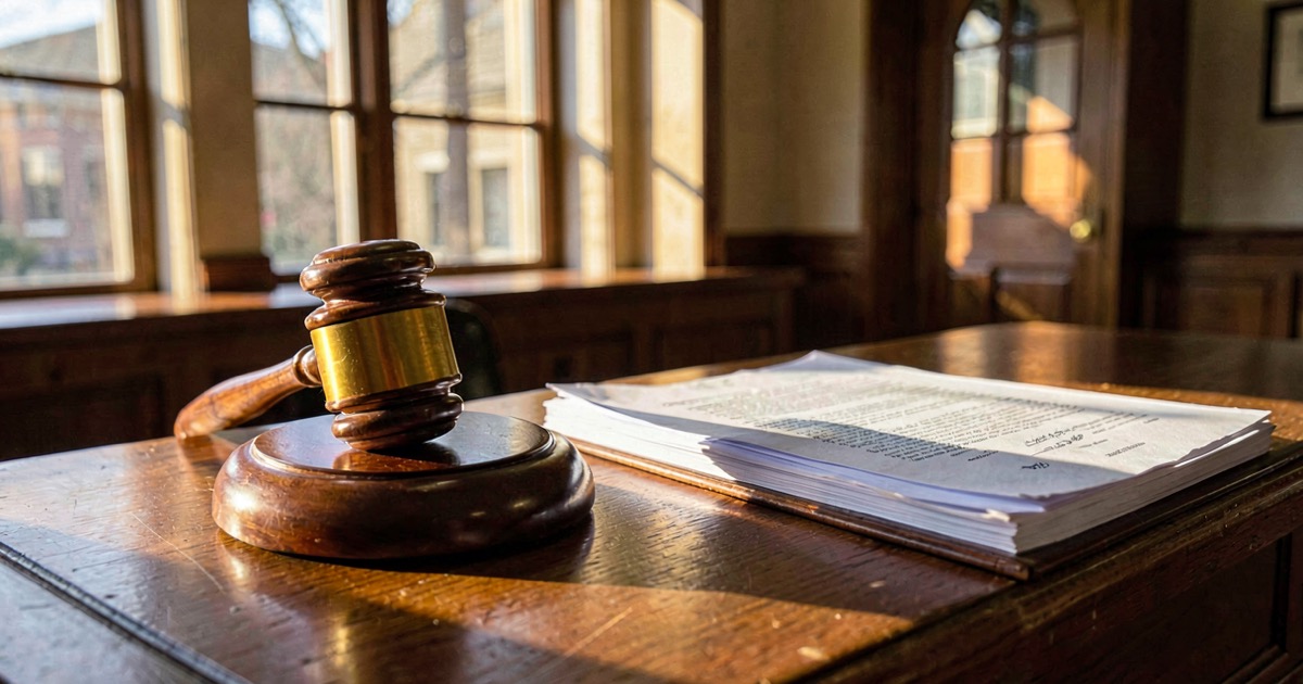 A wooden judge's gavel resting on a polished courtroom bench beside a stack of legal documents, warm morning light streaming through tall windows.