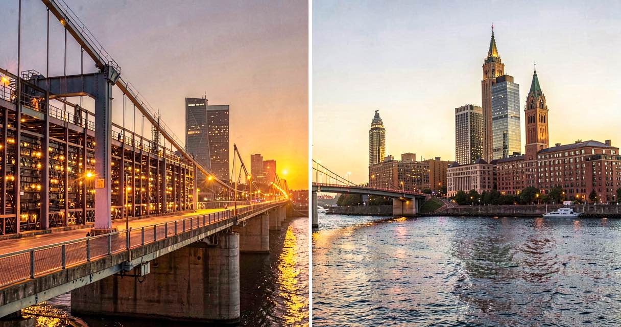 A divided bridge spanning two coastal skylines at golden hour, one side glowing with server farm lights, the other with university towers, warm sunlight catching the gap between them